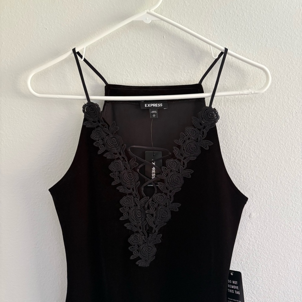 NWT: Express • Black Velvet Bodysuit with Floral Lace